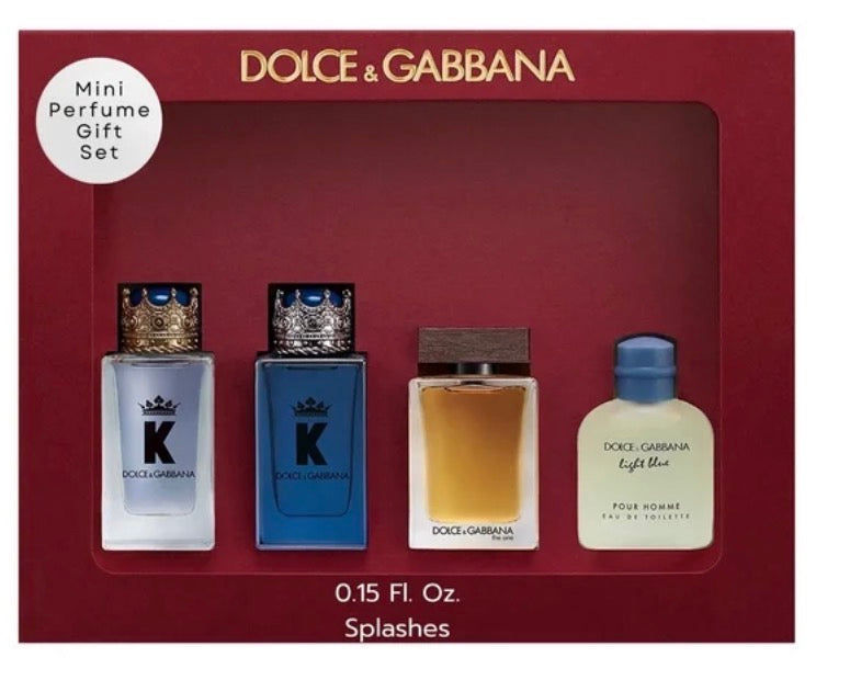 Dolce & Gabbana 4PC Men’s Mini Set: K EDT, K EDP, The One EDT, Light Blue EDT 0.15 FL OZ