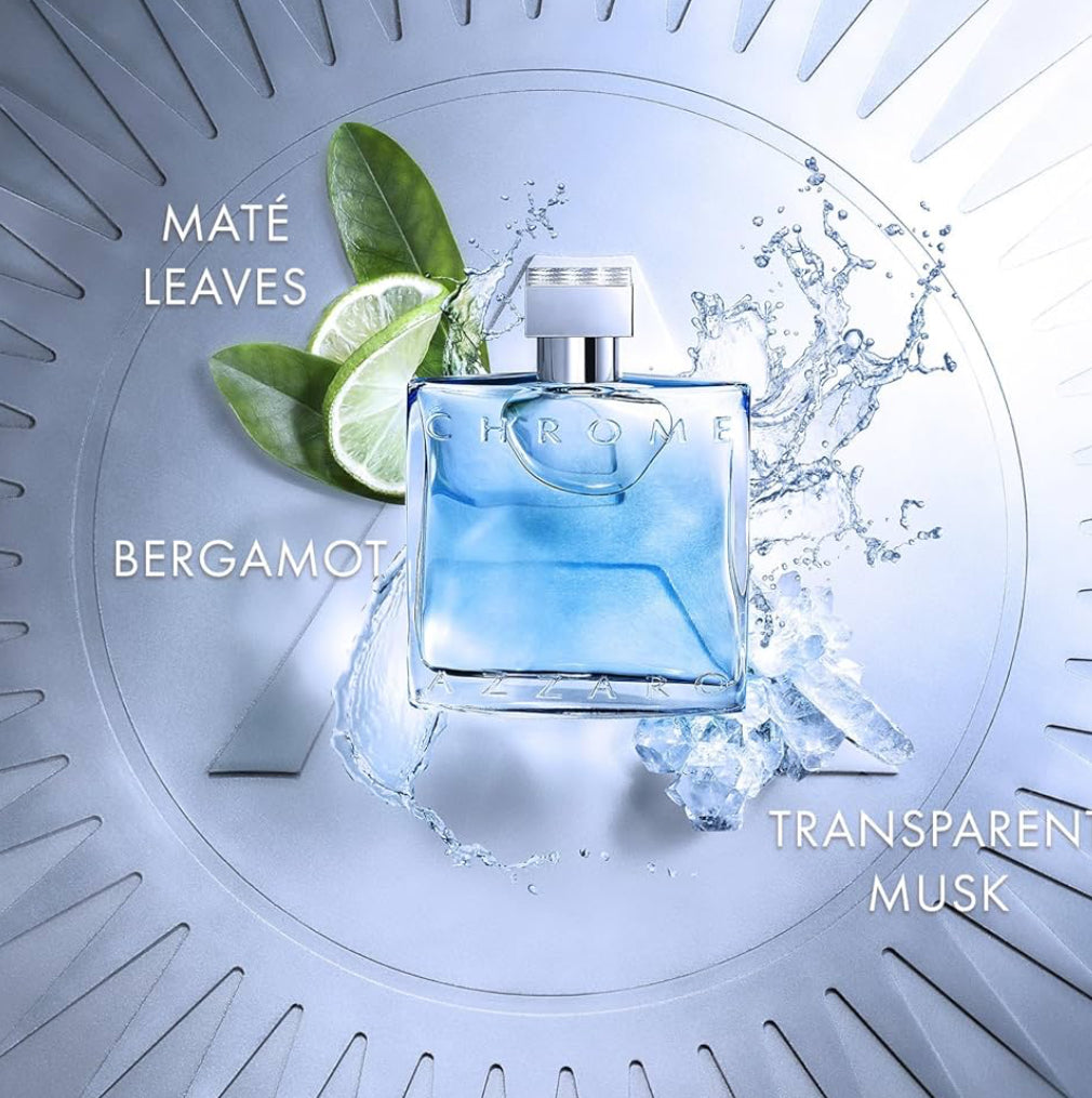 Azzaro Chrome 3.4 Eau de Toilette - Fresh Aquatic Mens Cologne - Citrus, Woody, Musky Fragrance -Fresh Notes of Bergamot - Everyday Wear - Classic Summer Beach Scent - Luxury Perfumes for Men
